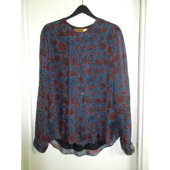 Hanley Mellon 100% Silk 8 Blouse Blue Floral Boho Semi Sheer M Shirt Tunic Mint! - Picture 3 of 10